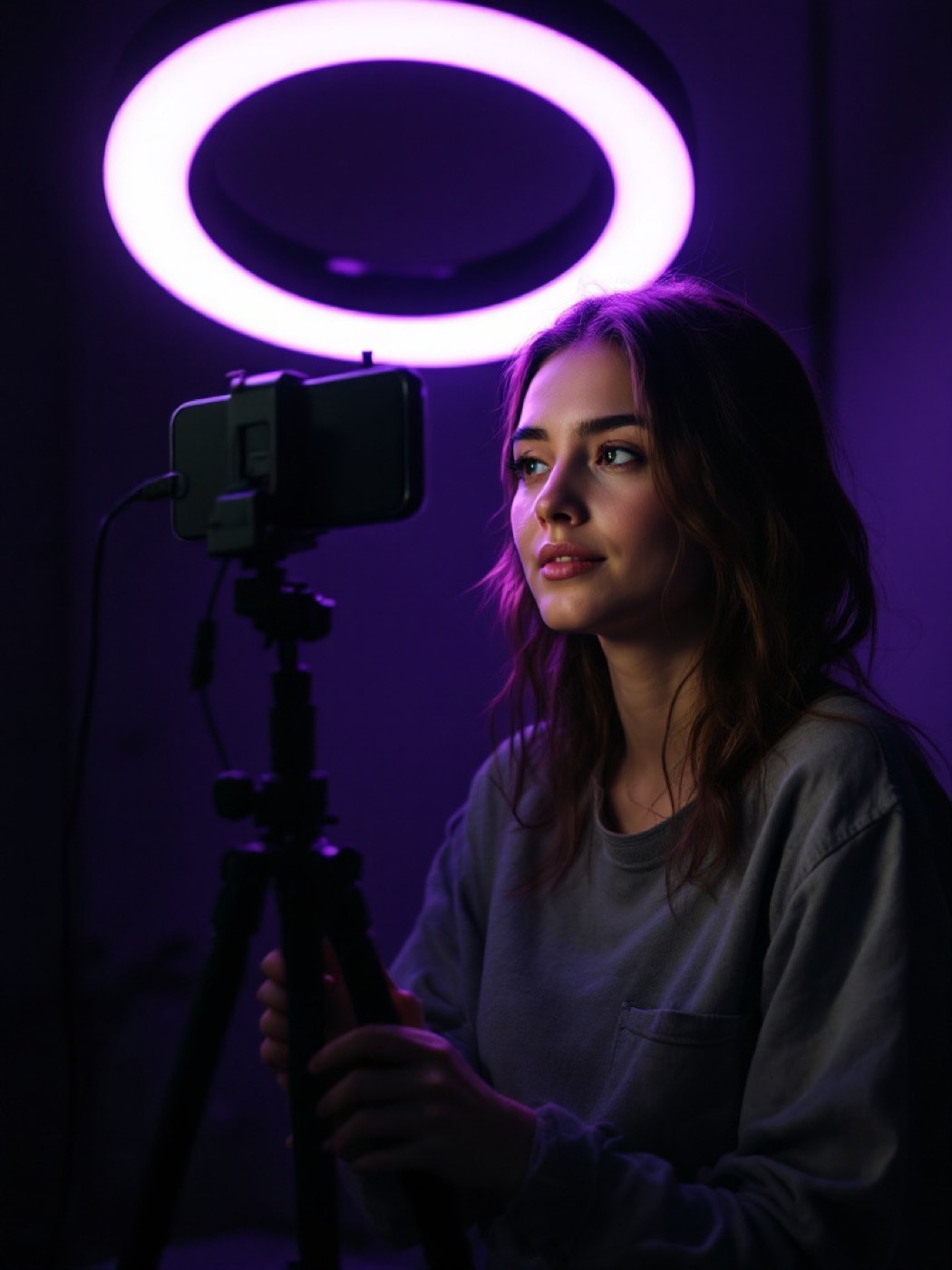 Creadora grabando un vídeo vertical con el móvil y un aro de luz